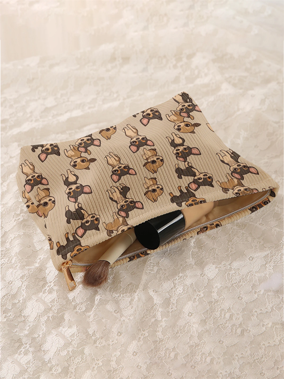 1 corduroy makeup bag with cartoon dog pattern, lightweight zipper makeup storage box, multifunctional bag with lining