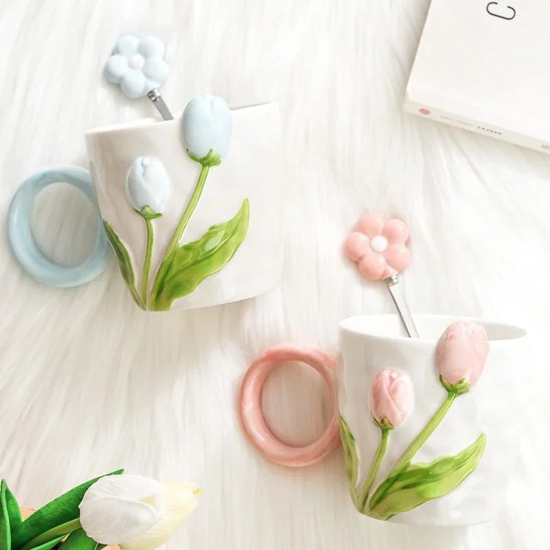 Tulip Flower Ceramic Mug Three-dimensional Design Creative Relief Girl ...