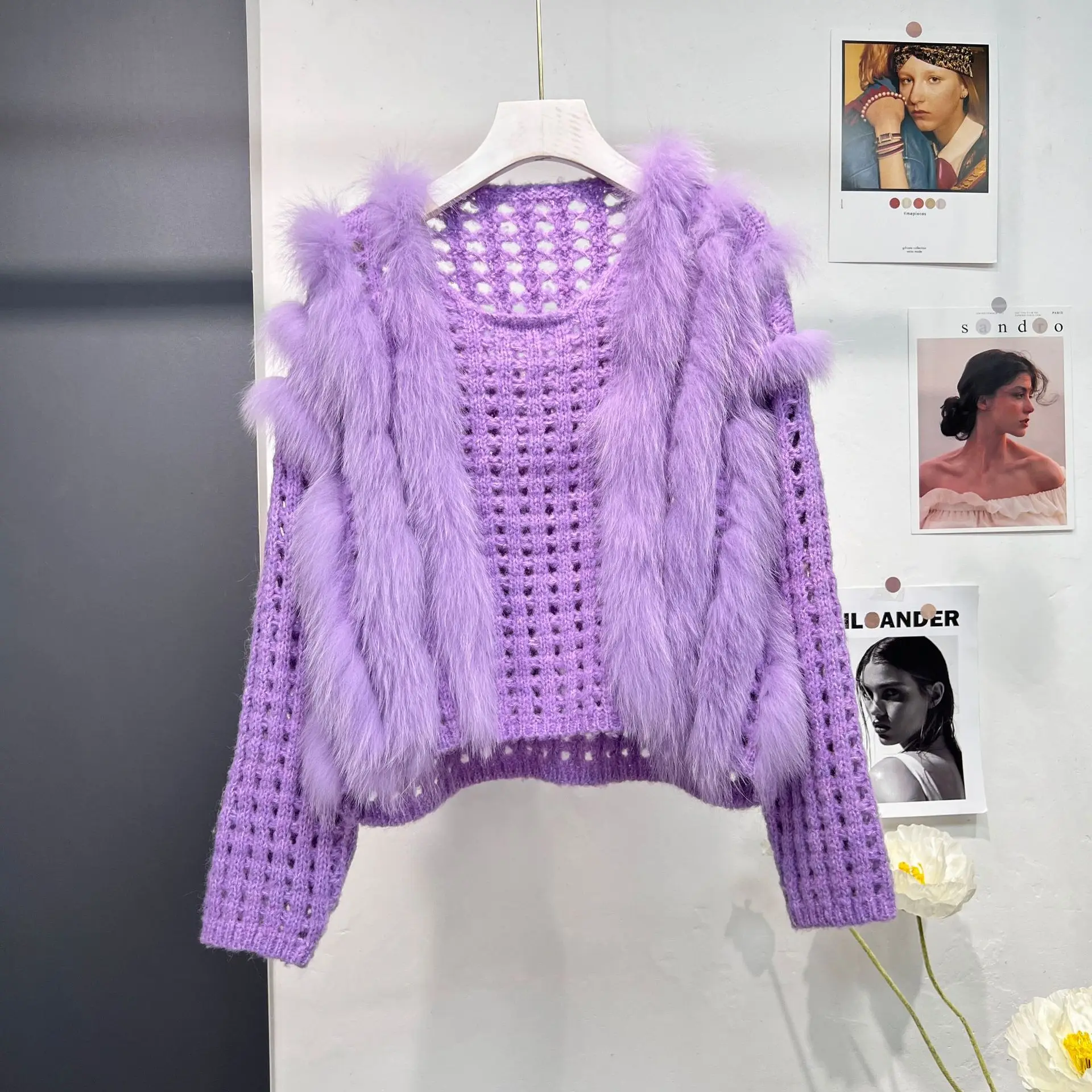 

Korean design 2023 fall Winter Warm real fox vfur Jacket Fashion Luxury Glamorous natural fur coats