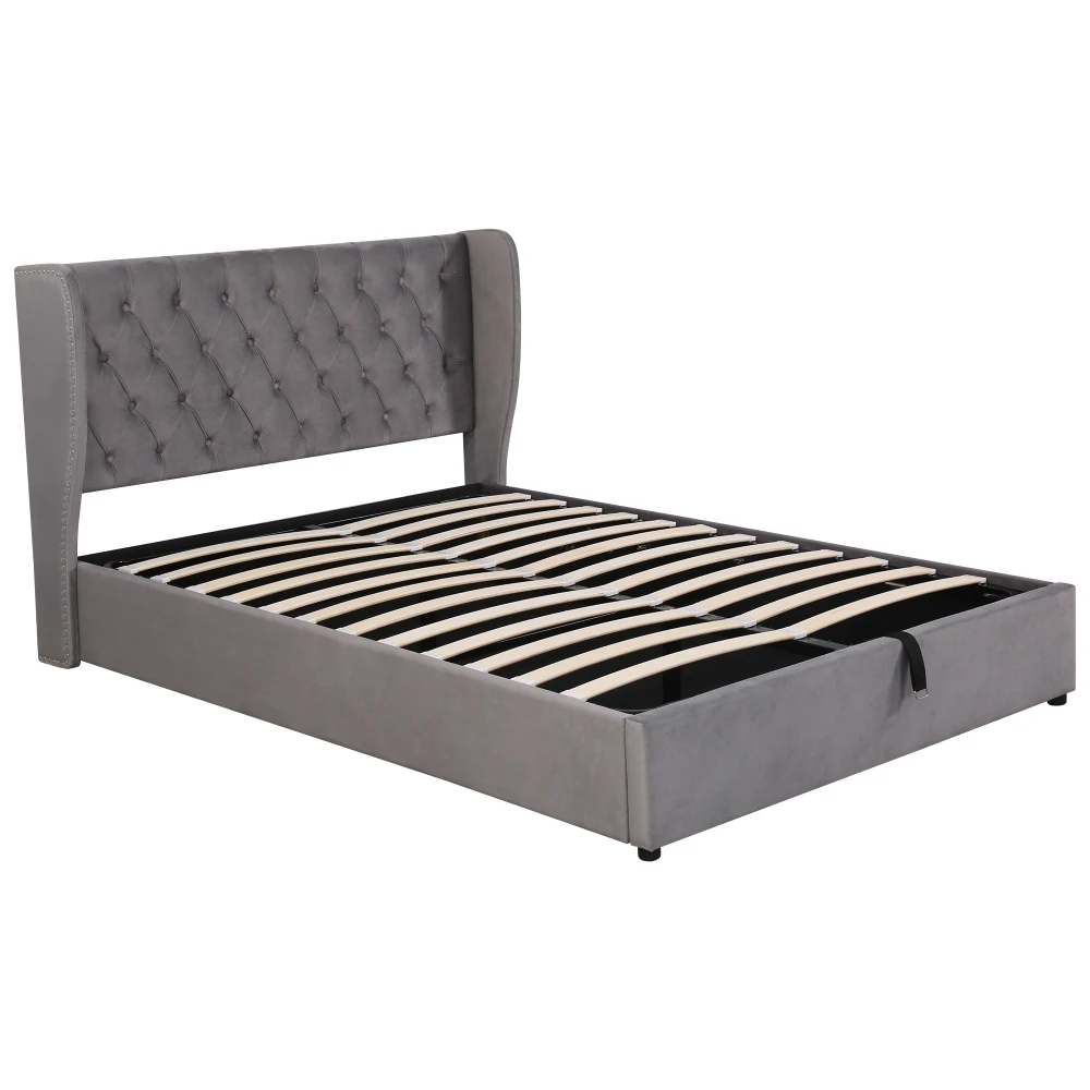 Gepolstertes Bett in Ohrenform aus Samtstoff mit Knopfnähten, Doppelbett, hydraulisches Funktionsbett mit Gittergitter und Stauraum – Detail 10