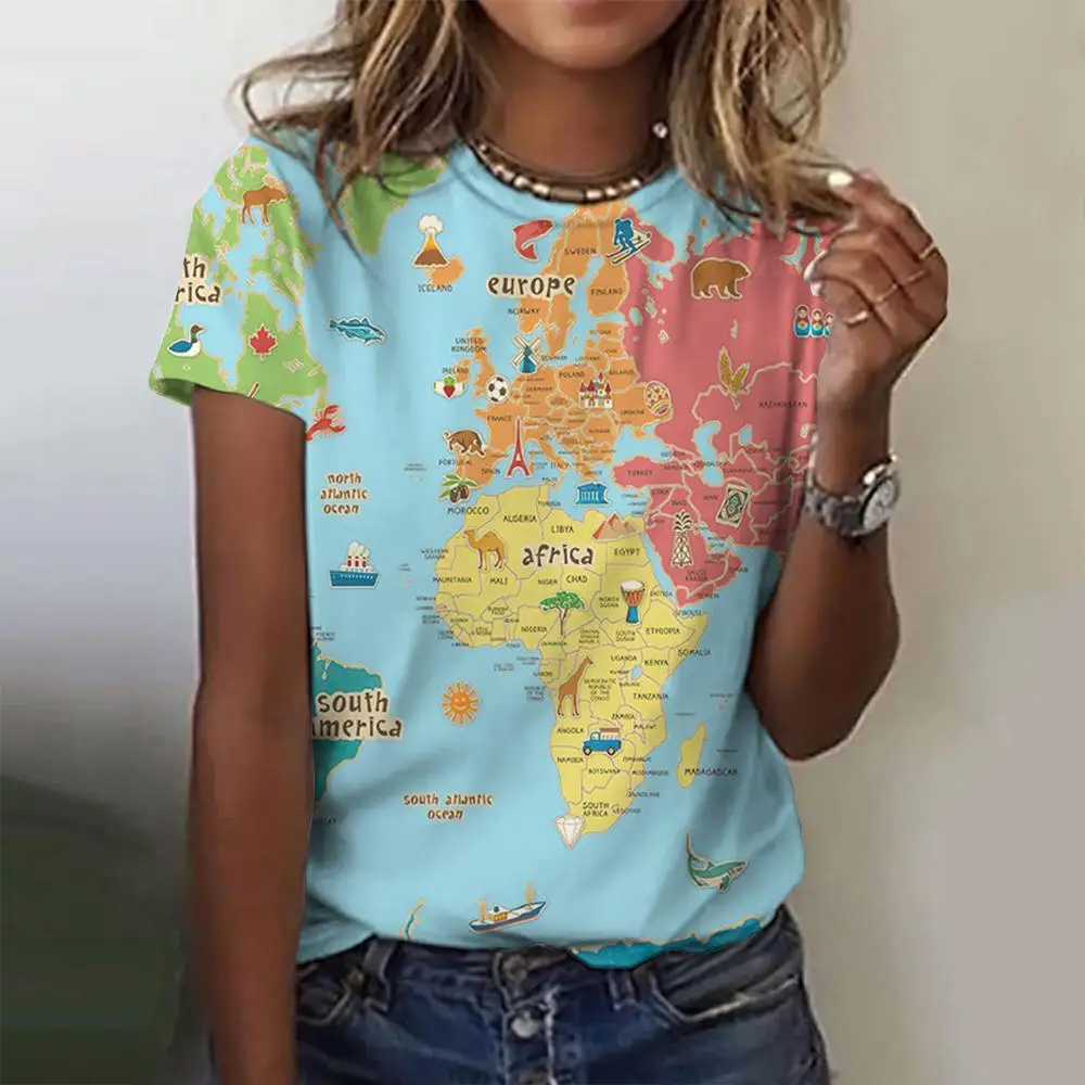 Weltkarte Muster Druck Damen T-Shirts Casual O-Ausschnitt Sommer lose kurze Ärmel T-Shirt 2024 lustige Frauen Kleidung Pullover – Detail 6