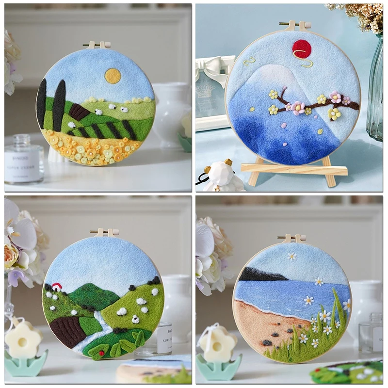 

PhotoCustom DIY Wool Felting Painting Handmade Needle Wool Painting Landscape With Embroidery Frame For Home Decors Crafts Gift