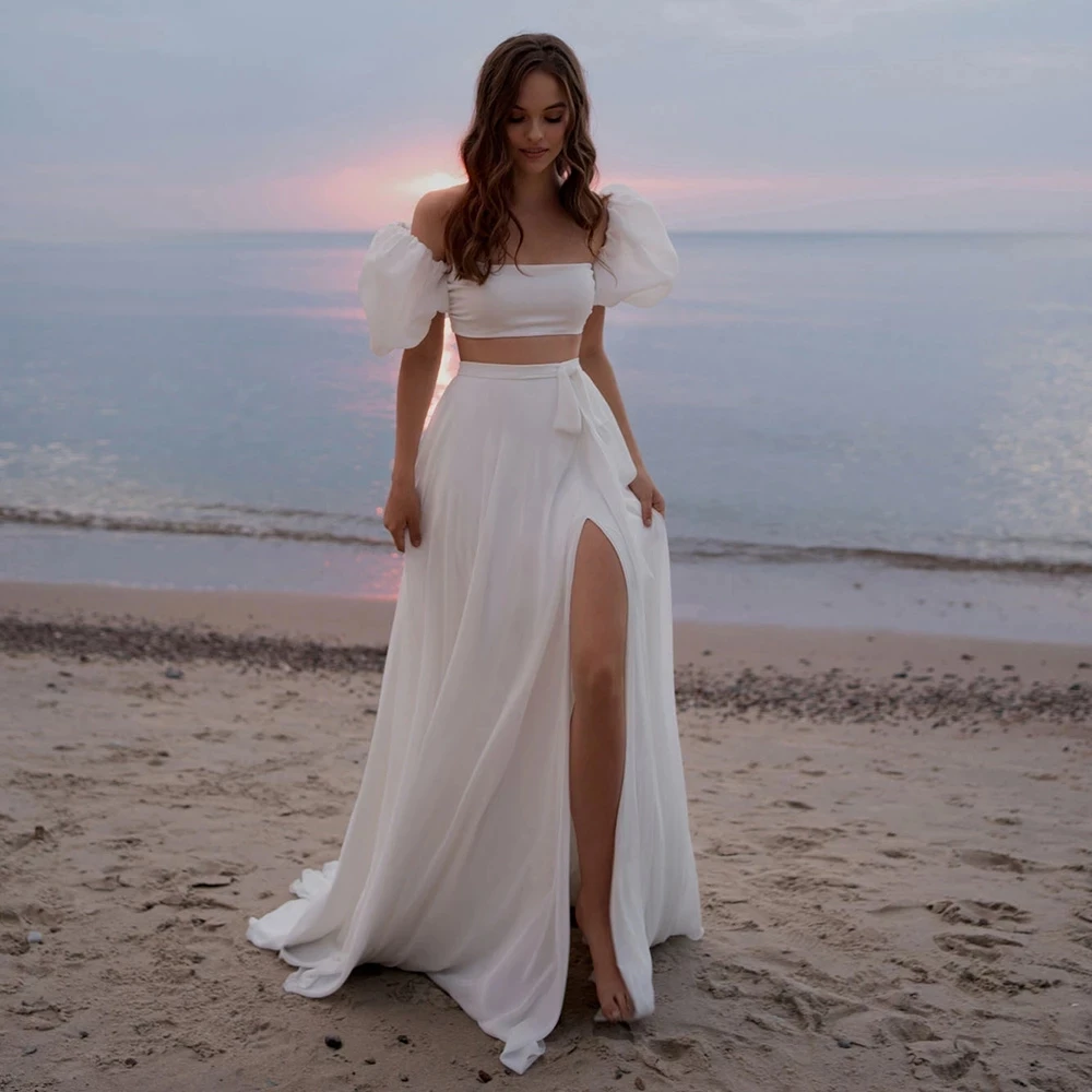 Bohomian Two Pieces Chiffon Simple Wedding Dress Beach High Split Strapless Short Puffy Sleeve Summer Boho Bridal Gown