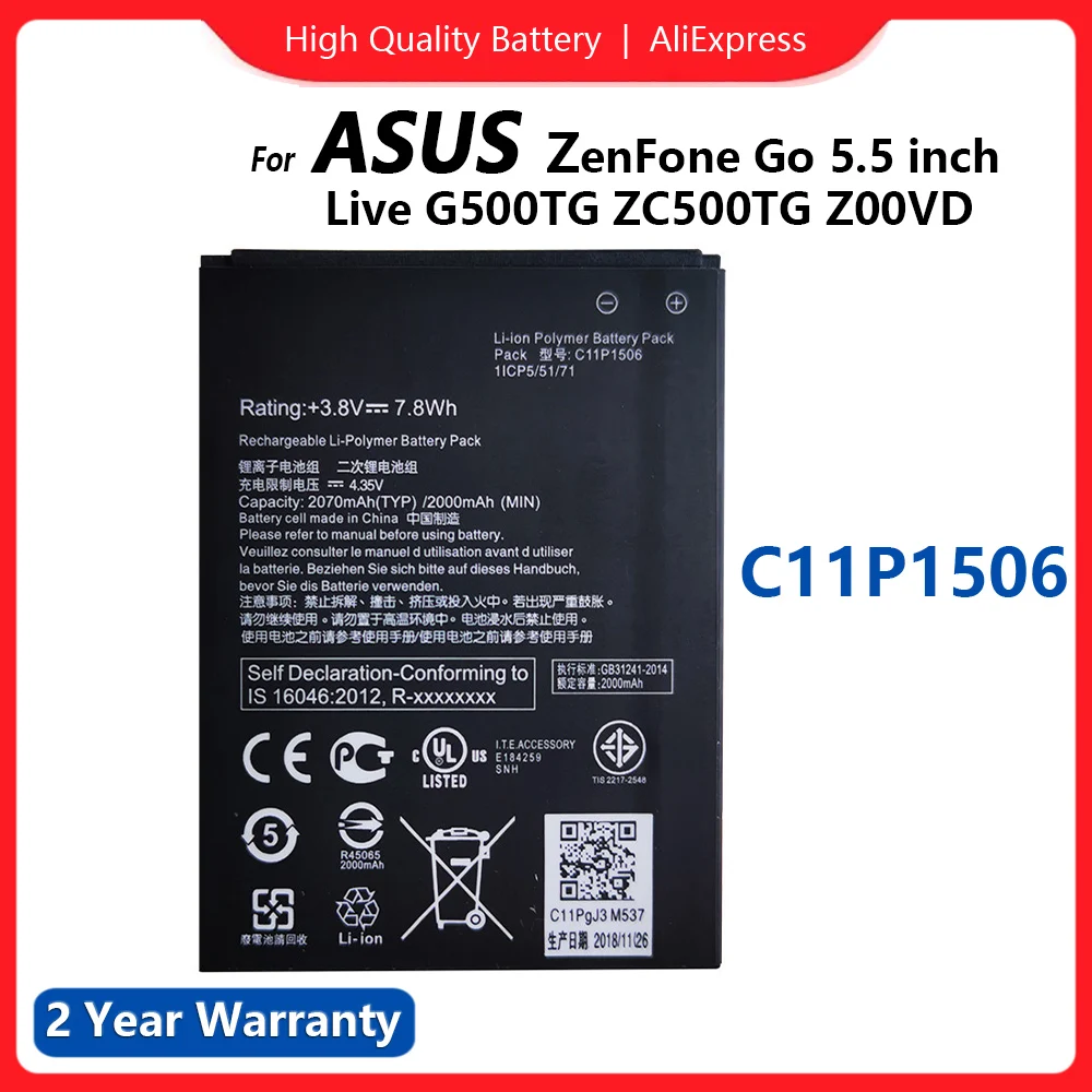 

100% Original C11P1506 Battery 2070mAh For ASUS Live G500TG ZC500TG Z00VD ZenFone Go 5.5 inch Phone Batteria +Tracking Number