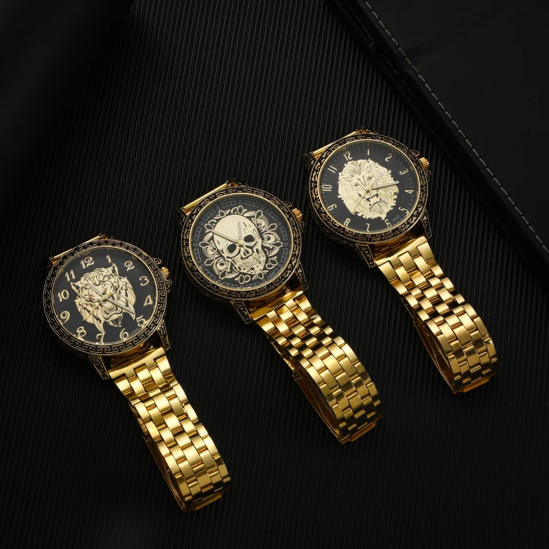 new Gold Skull Lion Tiger Men luxury business Military Quartz watch golden stainless steel band men watches male clock Relogio
