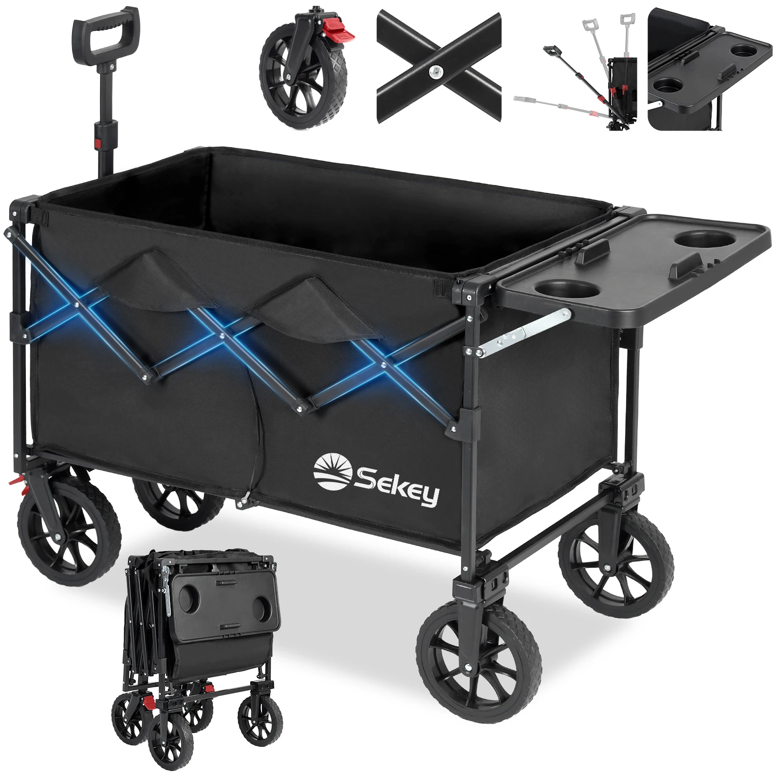 250L collapsible wagon with folding table drink holders foldble beach wagon all-terrain wheels 330LBS