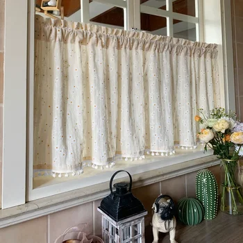 Nappe con palle di pelo Tende corte Piccola margherita fresca Ricamo floreale Curtian per la decorazione della divisoria della porta da pranzo della finestra della cucina 1
