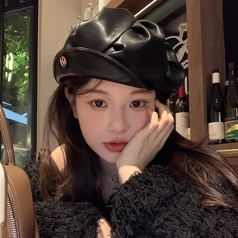 

Модный берет из искусственной кожи в стиле хип-хоп для женщин однотонная Ретро восьмиугольная шляпа газетчика универсальная Кепка художника