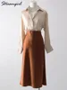 Streamgirl Luxury Satin Slit Skirts For Women Midi 2025 Spring A Line Solid Green Skirts Formal Lady Office Women's Midi Skirts 5