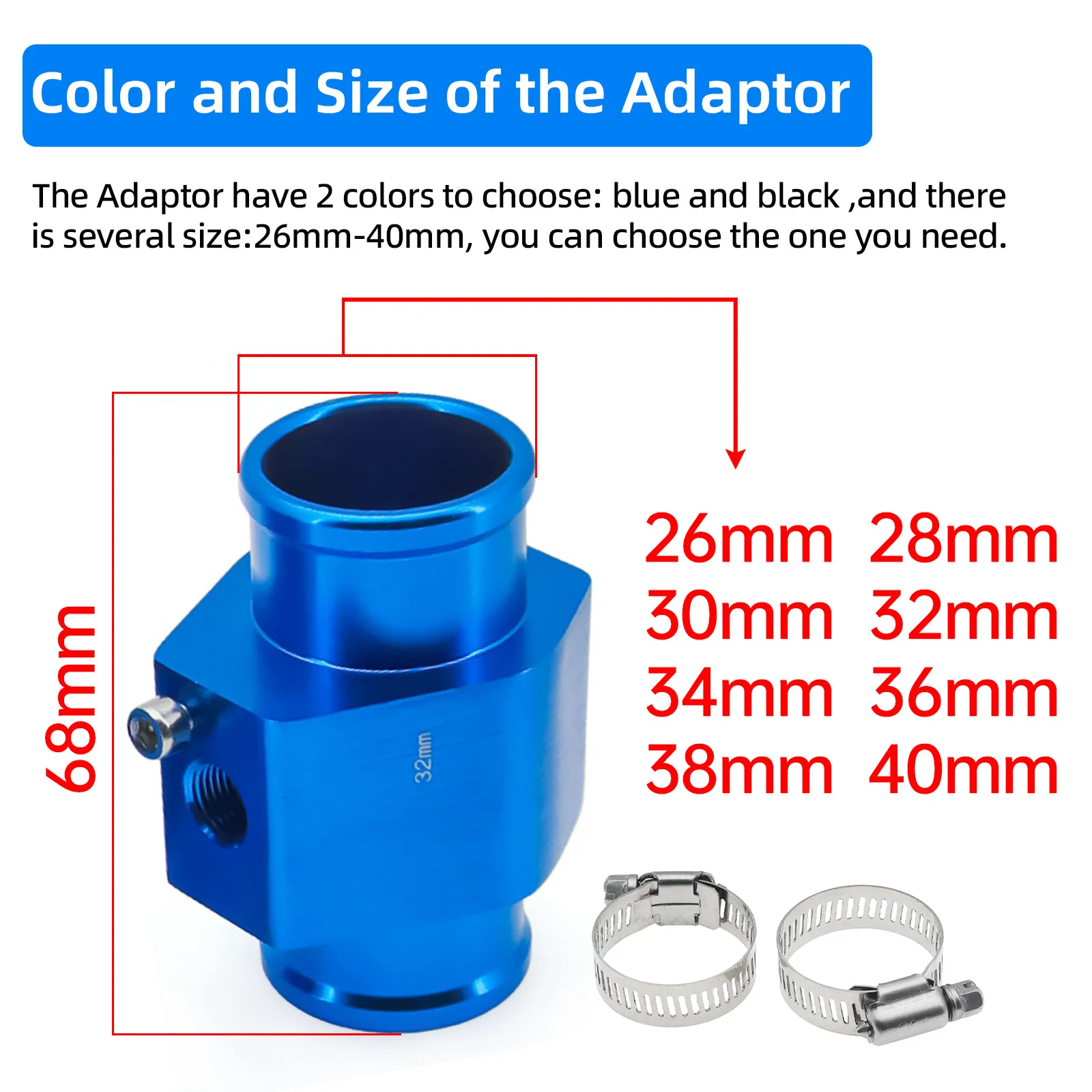 Adattatore Sensore Temperatura Acqua Auto - Giunto Per Tubo Radiatore, 28-40mm, Con Fascette, Per Manometro