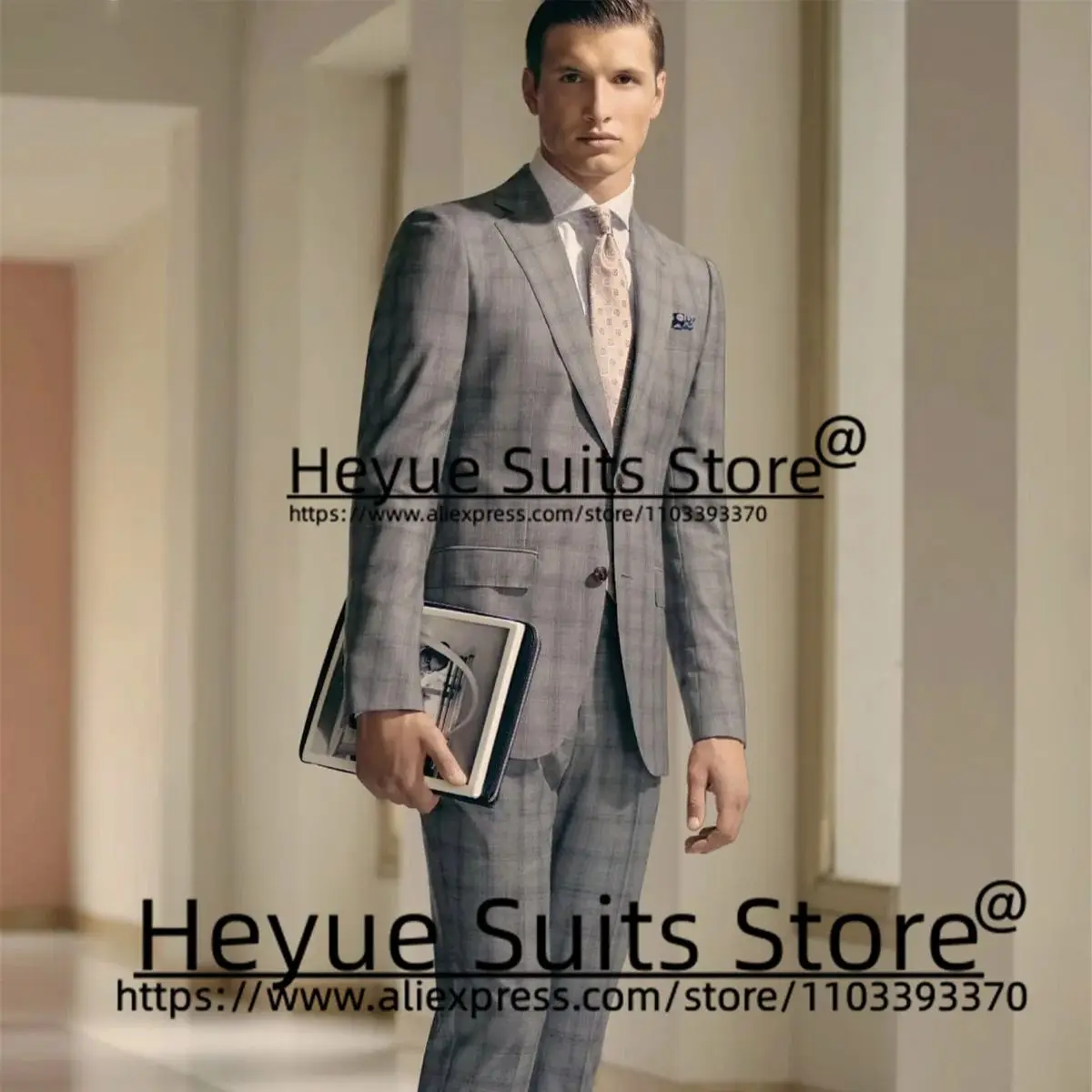 Premium Luxuly Gray Plaid Men Suits Wedding Slim Fit Groom Prom Tuxedos 2 Pieces Sets Business Male Blazer vestidos para mujer