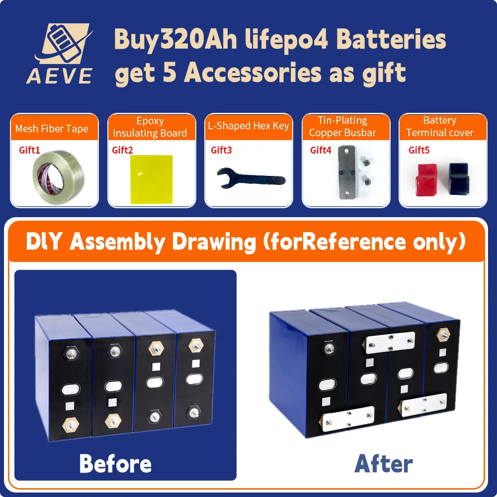 Rechargeable Lithium Batteries 8000 Cycles Grade A 320Ah LiFePO4 Battery 3.2V Lithium Iron Phosphate Rechargeable Cell DIY 12V 24V 48V RV EV Golf Cart Solar