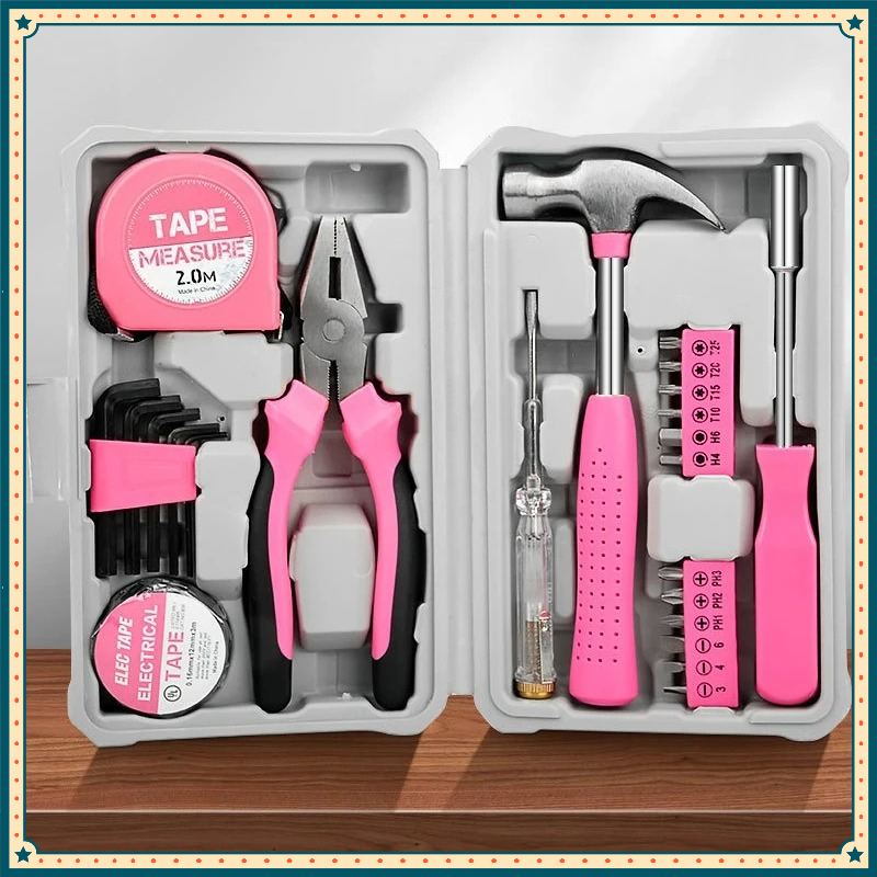 New Pink Small Multifunction Thickened Hardware Toolbox Full Set Household Repair Tools