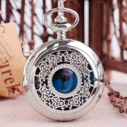 Elegant Starry Blue Dial Pendant Quartz Pocket Watch with Black and Silver Hollow Design and Roman Numerals (Silver)