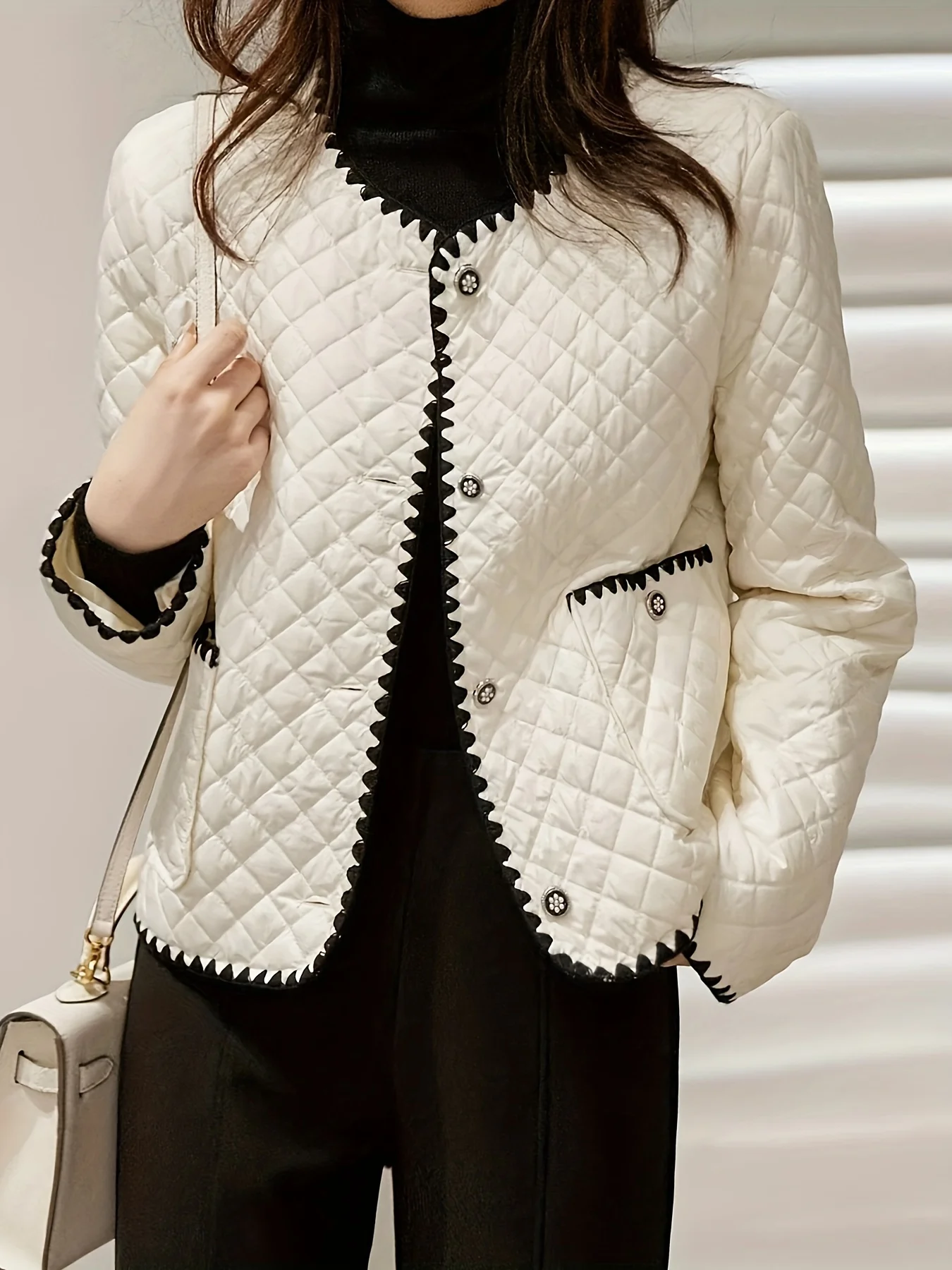 

Light cotton jacket for women with checkered contrasting embroidery and stitching, spring, autumn, and winter light and thin cot