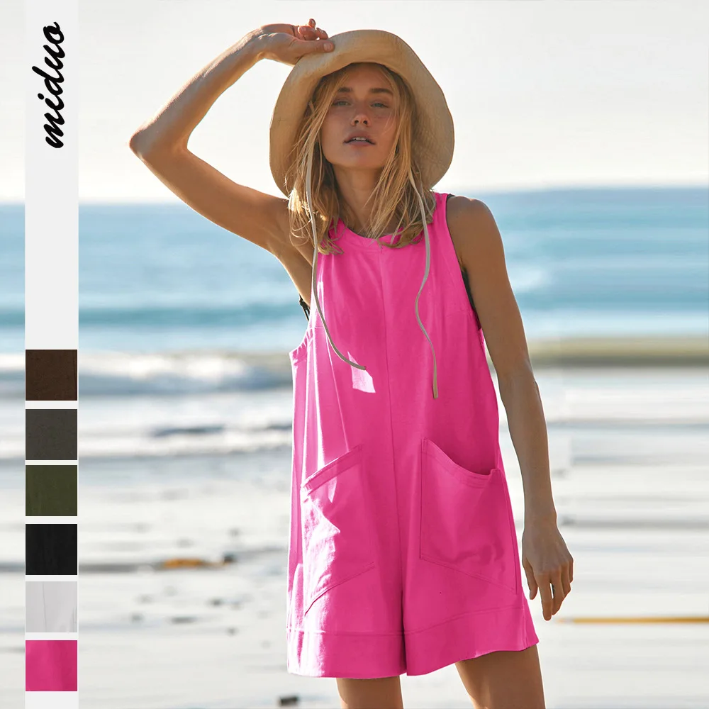 

Women's Loose Fit Short Jumpsuit Sleeveless Pockets Round Neck Tank Top Romper Summer Casual Bodysuit