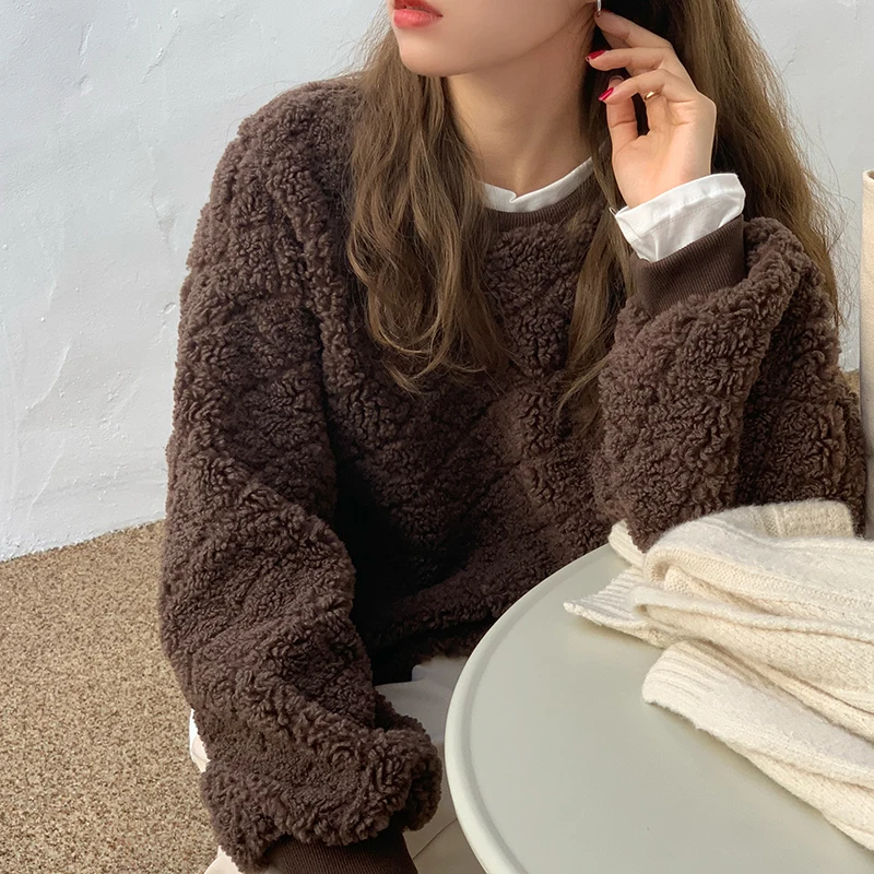 Lambswool New Tops Women Kawaii Sweatshirts Autumn Winter Thick O Neck Fleece Oversize Pullover Solid Sweatshirt Woman Fleeces