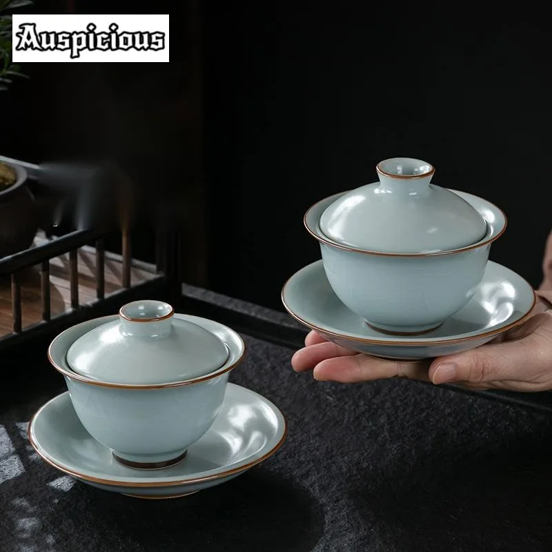 180ml Azure Ru Kiln Porcelain Gaiwan Aesthetic Opening Tea Lid Set Tea Tureen Household Maker Cover Bowl Teaset Supplie Gift