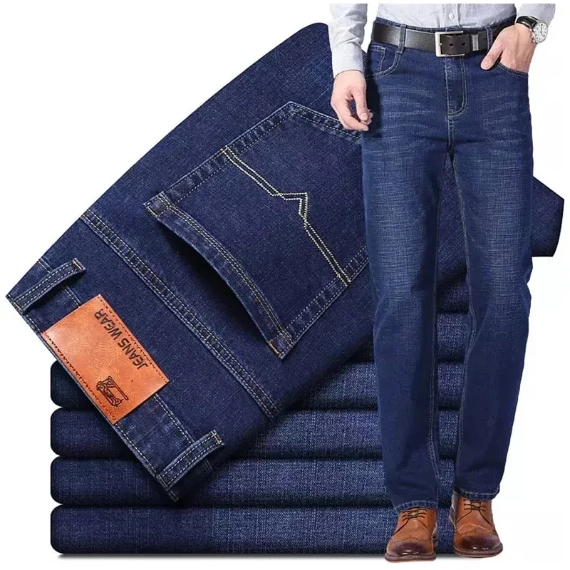 2024 New Men Business Style Slim fit Straight Jeans Fashion Classic Black Blue male Stretch Casual denim trousers Plus Size28-40