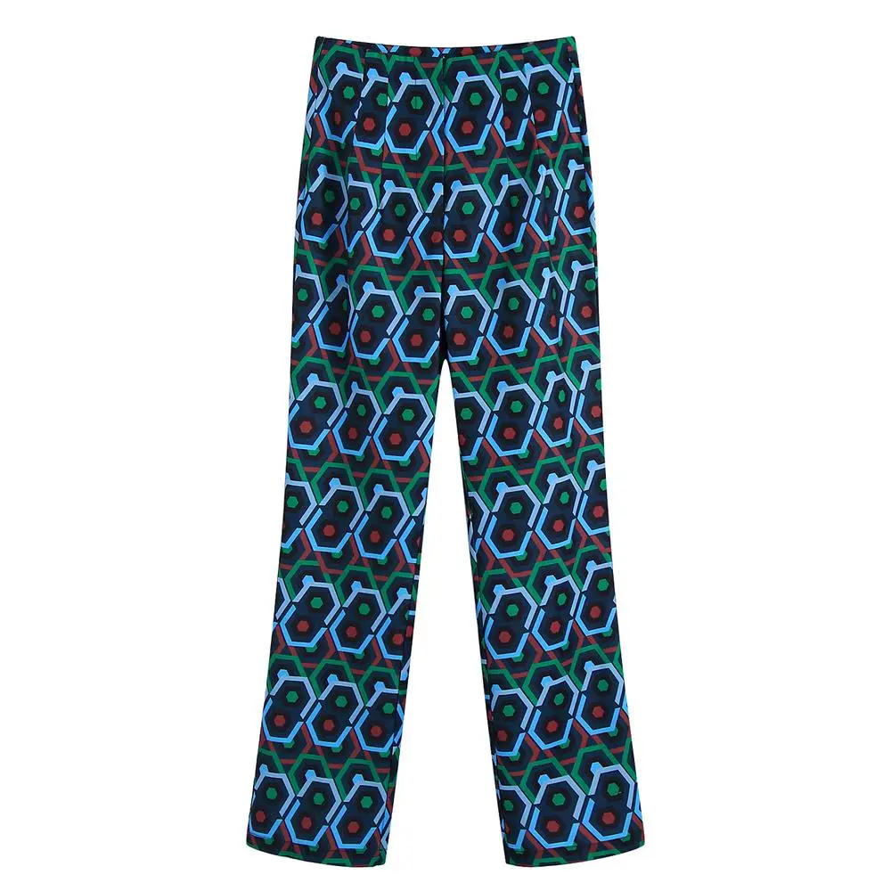 MESTTRAF Sexy Design 2022 Women With Geometric Graphics Print Straight Pants Retro High Waist Zipper Fly Female Trousers plus size capris Pants & Capris