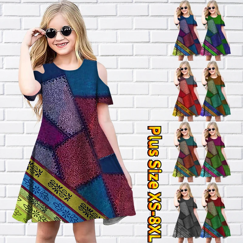 

2023 Girl's A-Line Dress with Classic Printing Design Trendy Short Sleeve Casual Midi Dress Casual Summer Pick Chic Swing Dress