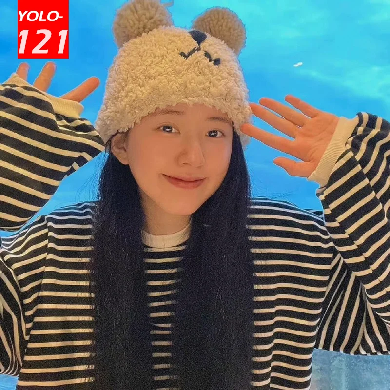 

Cute Bear Hats Lamb Fleece Knitted Hat Women Autumn Warm Ear Protector Head Wool Hat Winter Breathable Warm Fashion Beanies