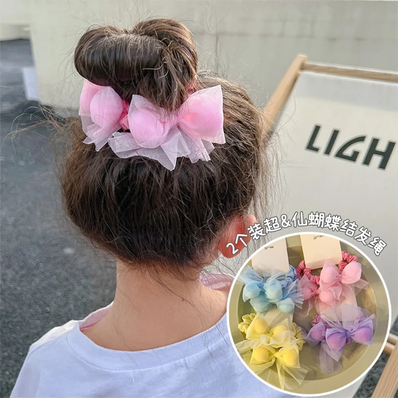 Children's Candy Color Bow Hair Rope Organza Hair Ties Cute Ponytail Holder Hair Accessories For Girl Elastic Rubber Hair Bands ins children s lace fisherman hat hepburn style spring and autumn girls sunscreen beach hat sweet organza top hat