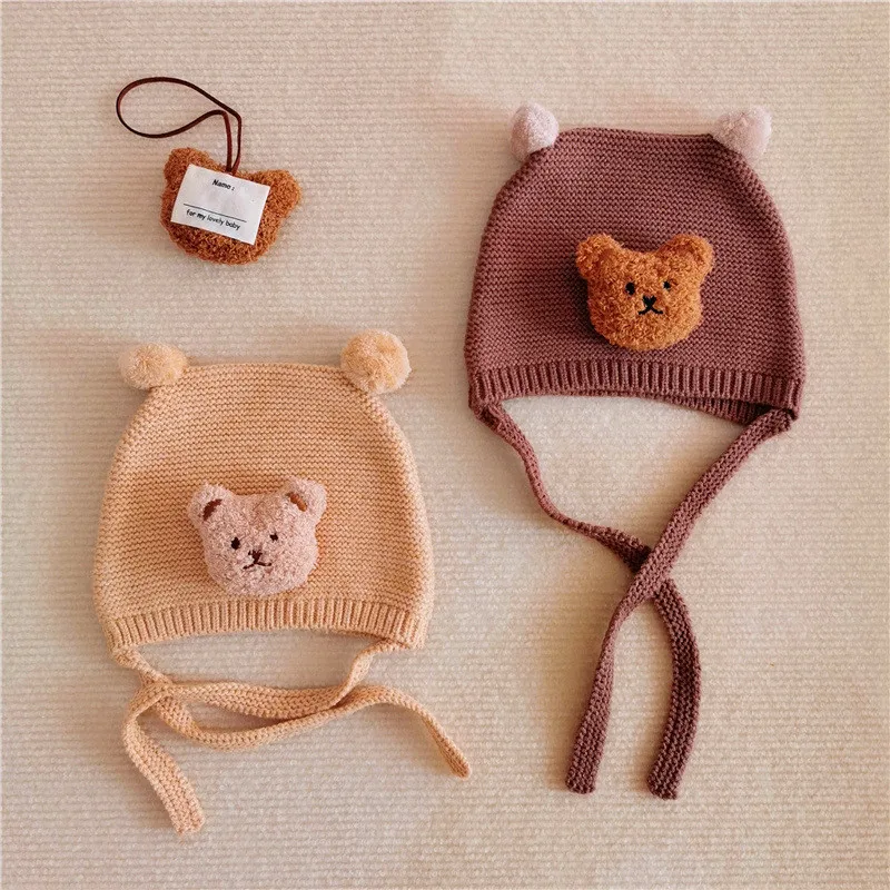 

Cute Bear Baby Knitted Hat Korean Pompom Warm Beanie Cap for Infant Girls Boys Winter Toddler Ear Protection Caps Bonnet