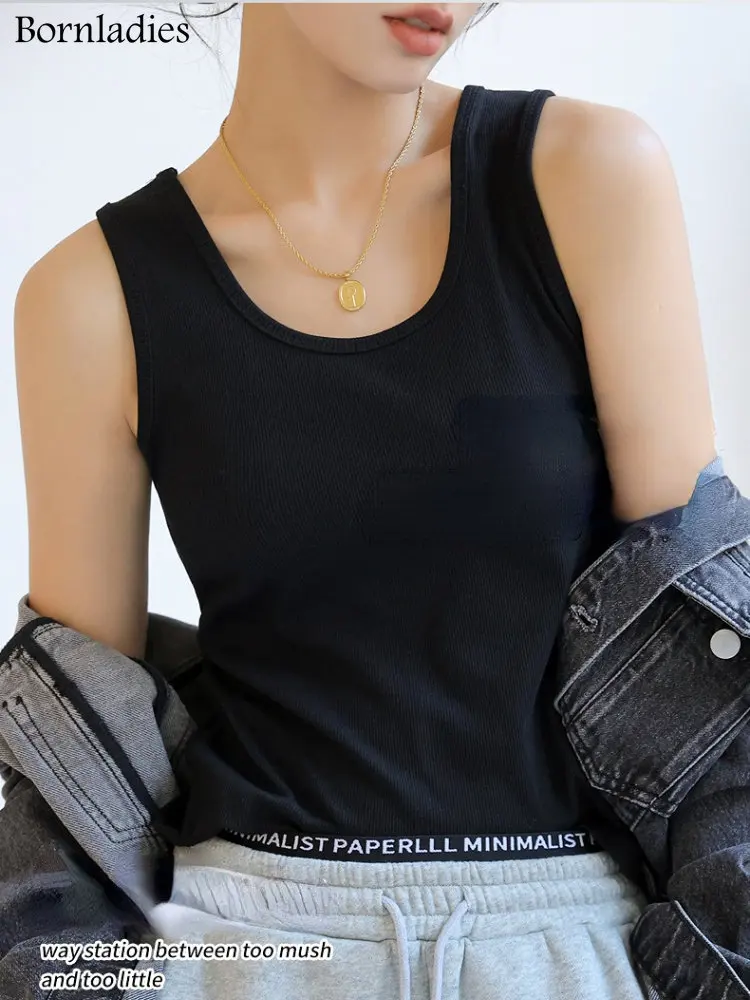 Bornladies Summer Ribbed Knitted Tank Tops Women Off Shoulder Crop Tops Basic Shirts Suspender Sport Vest Slim Y2k Tops New 2025