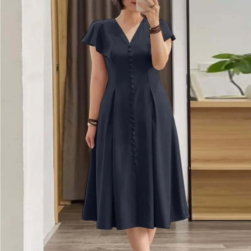 

Summer Elegant V Neck Short Sleeve Dress Fashion Women Solid Pleated Mid-calf Sundress Robe Femme Work OL Vestido Kaftan