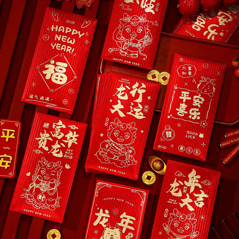 

6Pcs 2024 Year Of The Dragon Red Packets Chinese New Year Red Envelopes Money Envelope New Year Blessing Gift
