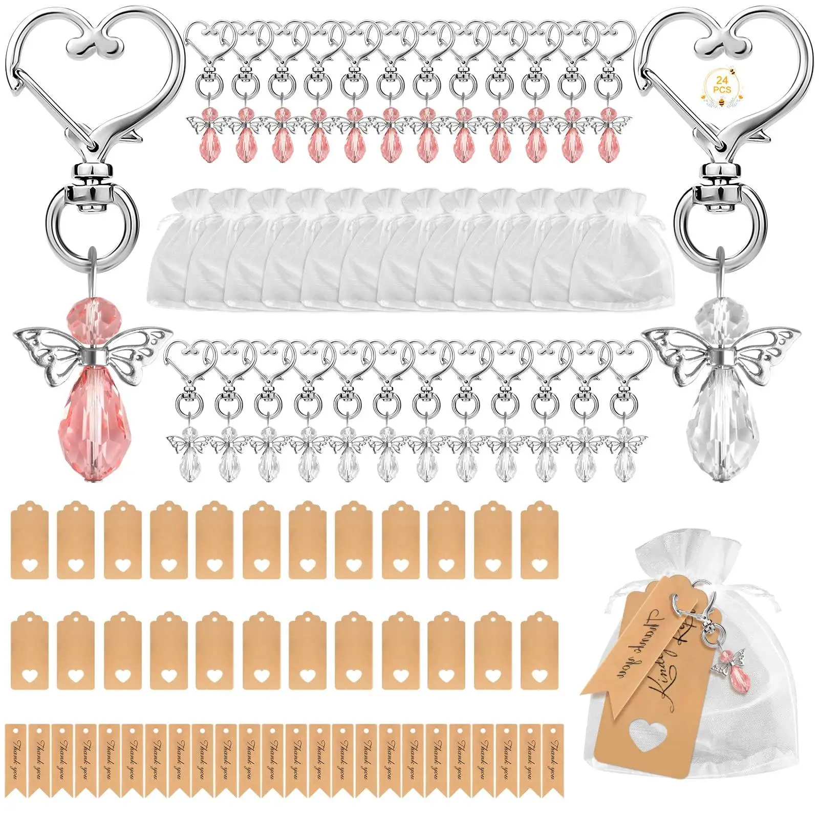 

24PCS Angel Keychains, Pendants with Organza Bags and Thank You Tag for Wedding Party Return Gifts Favors