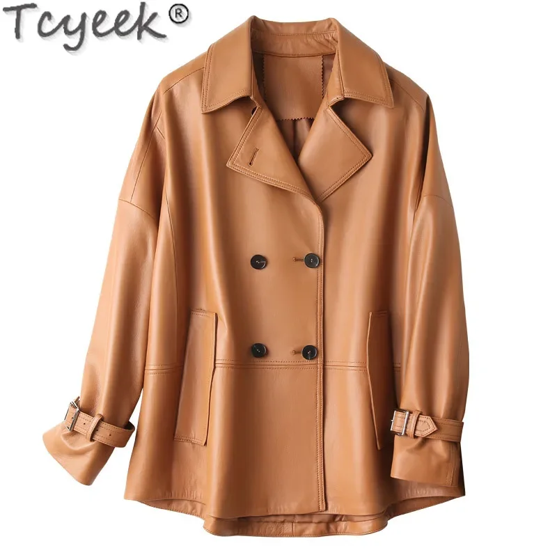 

Tcyeek Natural Leather Jacket Mid-long Fashion Trench Coat for Women Spring Autumn Clothes Women's Top Layer Sheepskin Coats New