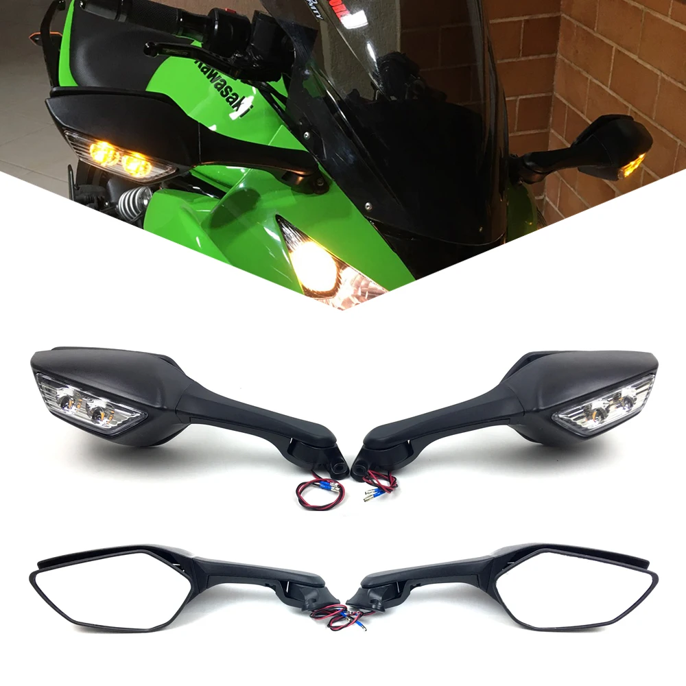 Motorcycle Rearview Rear View Side Mirrors with LED Turn Signal Light For Kawasaki Ninja400