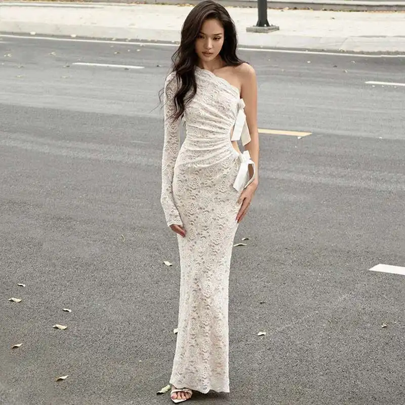 Description Picture 2 of itemLGRQ 2025 Spring New Women's Sexy Lace Patchwork Hollow Long Sleeved Slim Wrap Hip Dress Fashion Female Clothing 19X1156