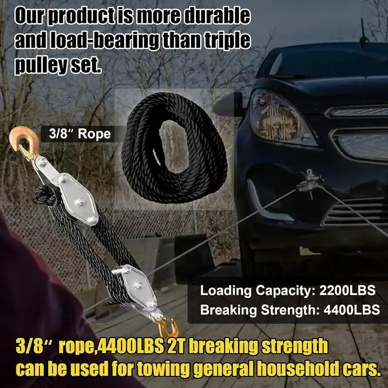 Rope Pulley Hoist 50 Ft 3/8 Rope Pulley Hoist With 5:1 Lifting Power 2200 Lbs Breaking Strength Heavy Duty Pulley System Rope 4