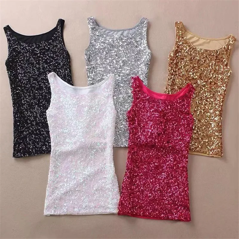 

Womens Shine Glitter Sequin Embellished Sleeveless Vest Tank Tops Fashion Style Clothing For Cocktail Party Clubwear