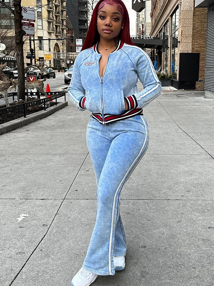 Kliou Pleuche Herbst Frauen Passenden Hosen Set Hipster Getäfelten Streifen Zip-up Mäntel + Gerade Hosen Mujer Klassische Trainingsanzüge – Detail 21