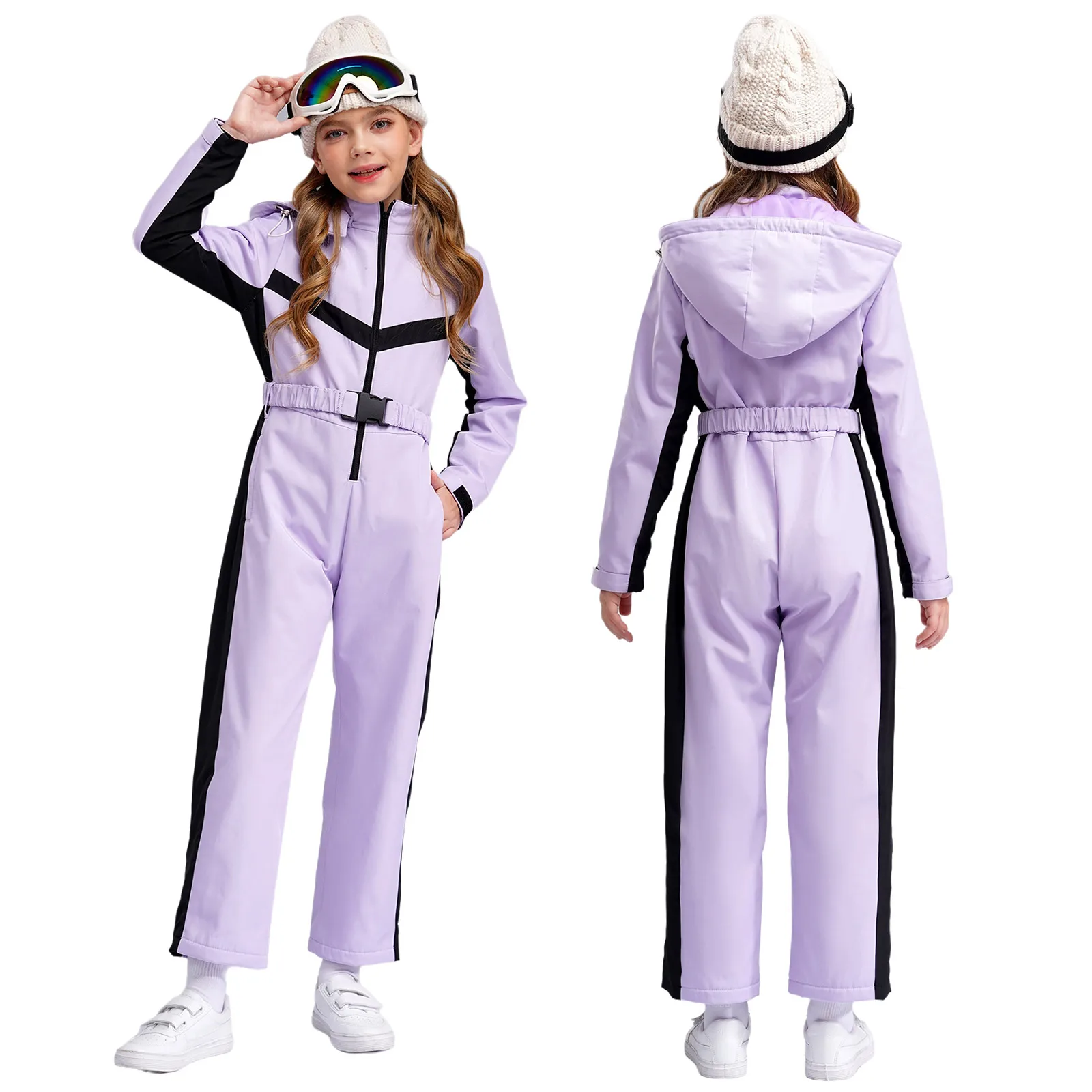 Kinder Mädchen Skifahren Snowboarden Kapuzenoverall Langarm Reißverschluss Winddichter Body mit Gürtel Schnee Sport Skating Kostüm – Detail 37
