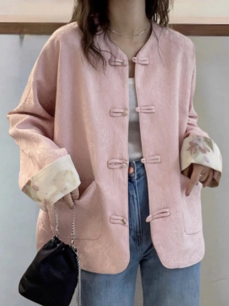 2024 New Chinese Style Round Neck Disc Buckle Neck Printed Jacket Elegant Pink All-match Cardigan Tops Coat Women Spring Summer