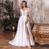 Elegant A-Line Wedding Dress Women Open Back V-Neck Lace Long Sleeve Side Split Tulle Bridal Gown Vestidos De Noiva Customized 1