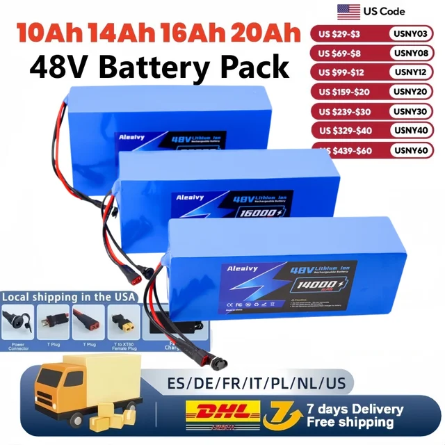 Expédition depuis l'UE : Batterie de vélo électrique 36V 48V 10Ah 14Ah 16Ah 20Ah pour vélos électriques, scooters et autres moteurs de 200-2000W 1
