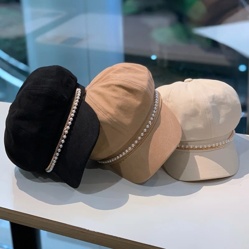 

Trend Fashion Women's Pearl Chain Solid Spring and Autumn Octagonal Hats British Beret Street Wear Decoration