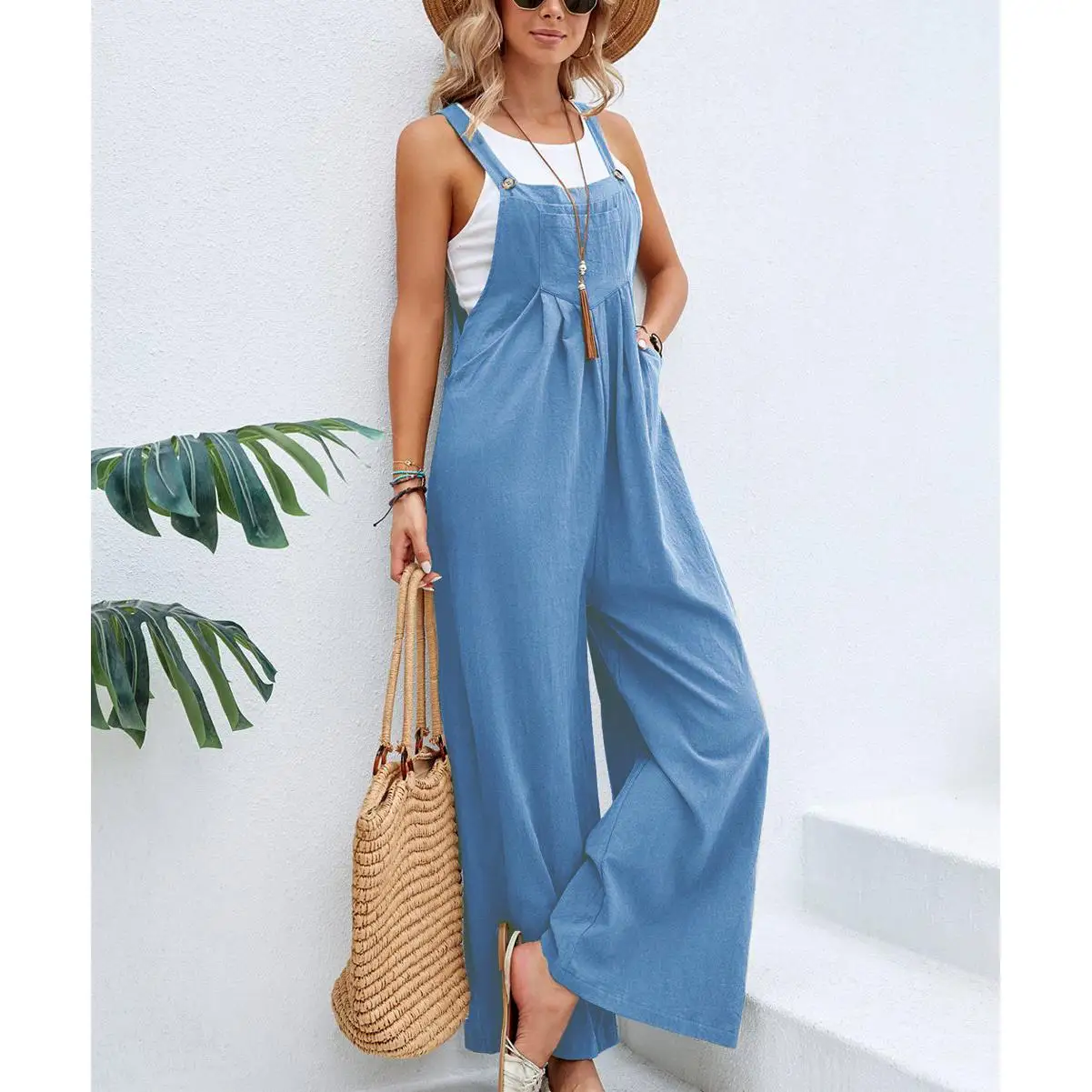 Summer 2023 Faion Wide Leg Casual Overalls High Waist Cotton Linen Blend Lightweight Folded Hemline Women's Pants