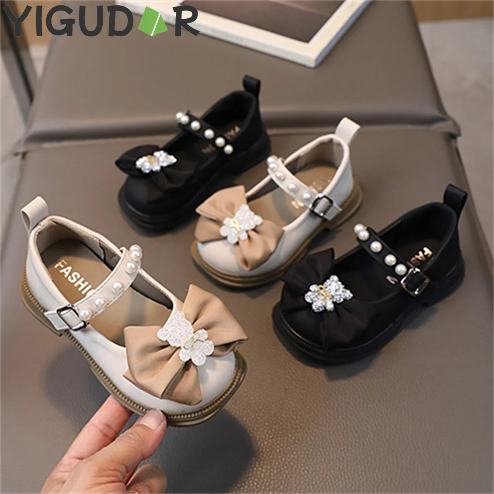 

Детские кожаные туфли для девочек с бантом и жемчужинами, милые мягкие и удобные детские туфли принцессы на плоской подошве, обувь для девочек