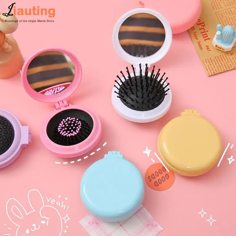 

Mini Pocket Mirror Folding Comb Girl Women Portable Round Pocket Small Travel Massage Hair Brush With Mirror Styling Accessories