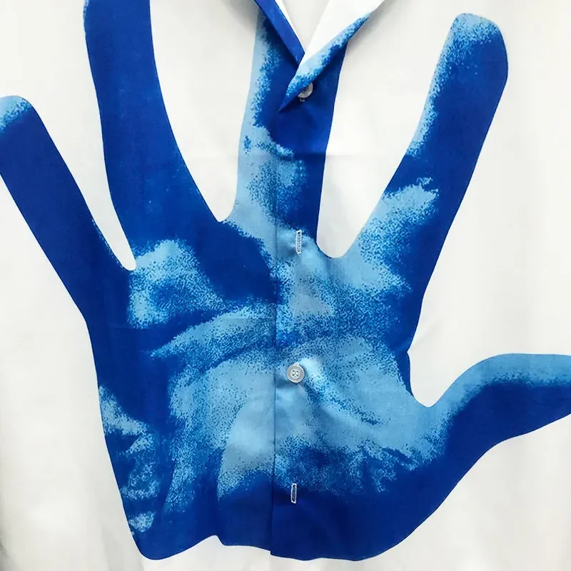 2024 Blue Hand Print Pattern Shirt Short Sleeve Casual Men Shirt Streetwear Summer Camisa  Masculina Color Contrast  Black Shirt