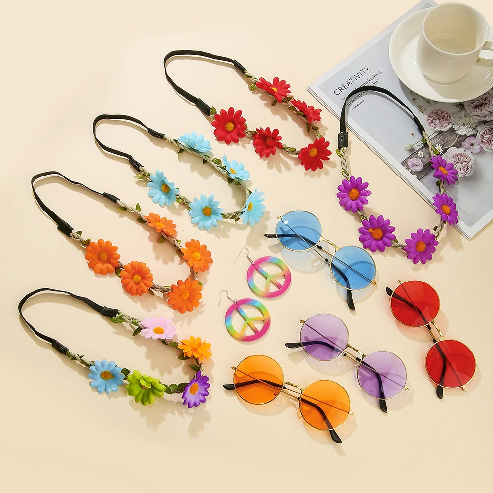 60s 70s Hippie Accessories Kit Flower Headband Red Sunglasses Peace Earrings for Halloween Costume, Woodstock Themed Party, Cosp - 3