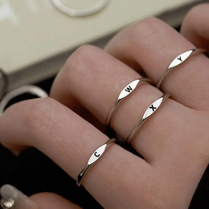 Fashion Rings Fashion Ring for Women Minimalist Initials A-Z 26 Letter Silver Plated Adjustable