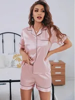 Ensemble pyjama d'été en Satin de soie pour femmes, vêtements de nuit boutonnés, manches courtes, hauts et Shorts, deux pièces, vêtements de détente 1